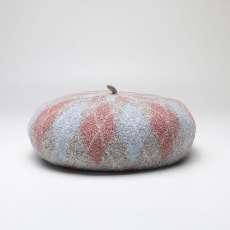 Wholesale Autumn and Winter Warm Thickened Plaid Contrast Wool Beret